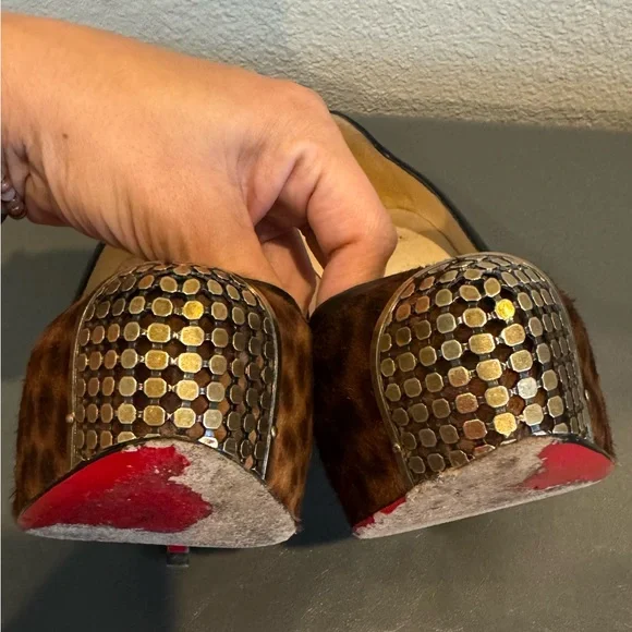 Christian Louboutin Black Maggie 140mm Leopard Pony Hair Heels Pumps 37.5 Gold - Picture 6 of 10